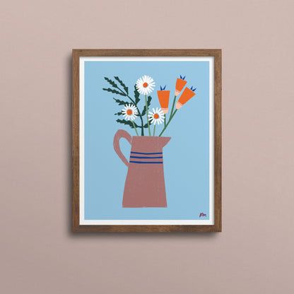 Kautzi Jug of Flowers 8×10 art print, daisies and orange blooms in terracotta pitcher – Cape Breton, Nova Scotia.”
