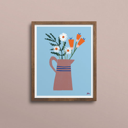 Kautzi Jug of Flowers 8×10 art print, daisies and orange blooms in terracotta pitcher – Cape Breton, Nova Scotia.”
