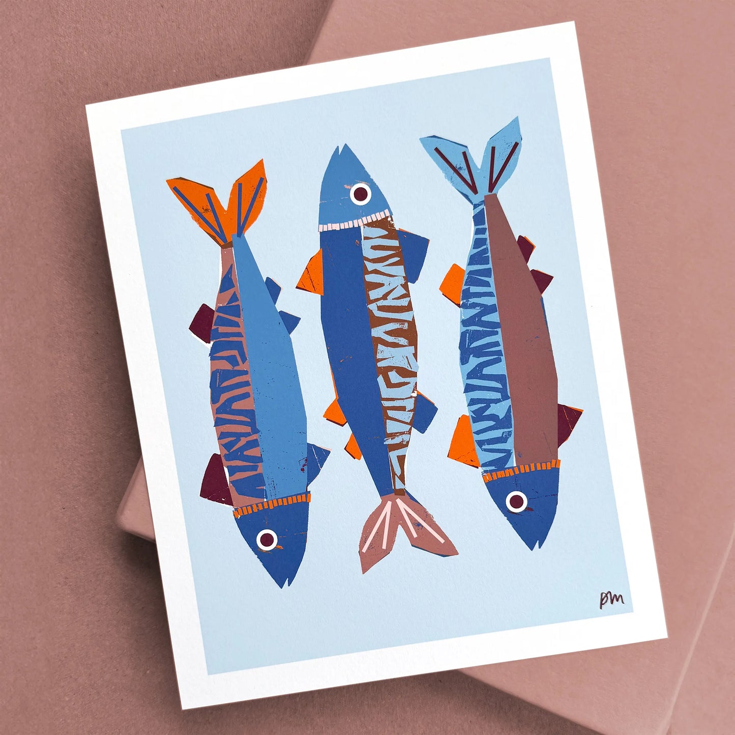 Kautzi Mackerel 8×10 art print, three blue mackerel on a light blue background – Nova Scotia Maritime wall art, Cape Breton.