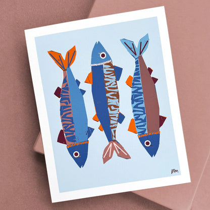 Kautzi Mackerel 8×10 art print, three blue mackerel on a light blue background – Nova Scotia Maritime wall art, Cape Breton.
