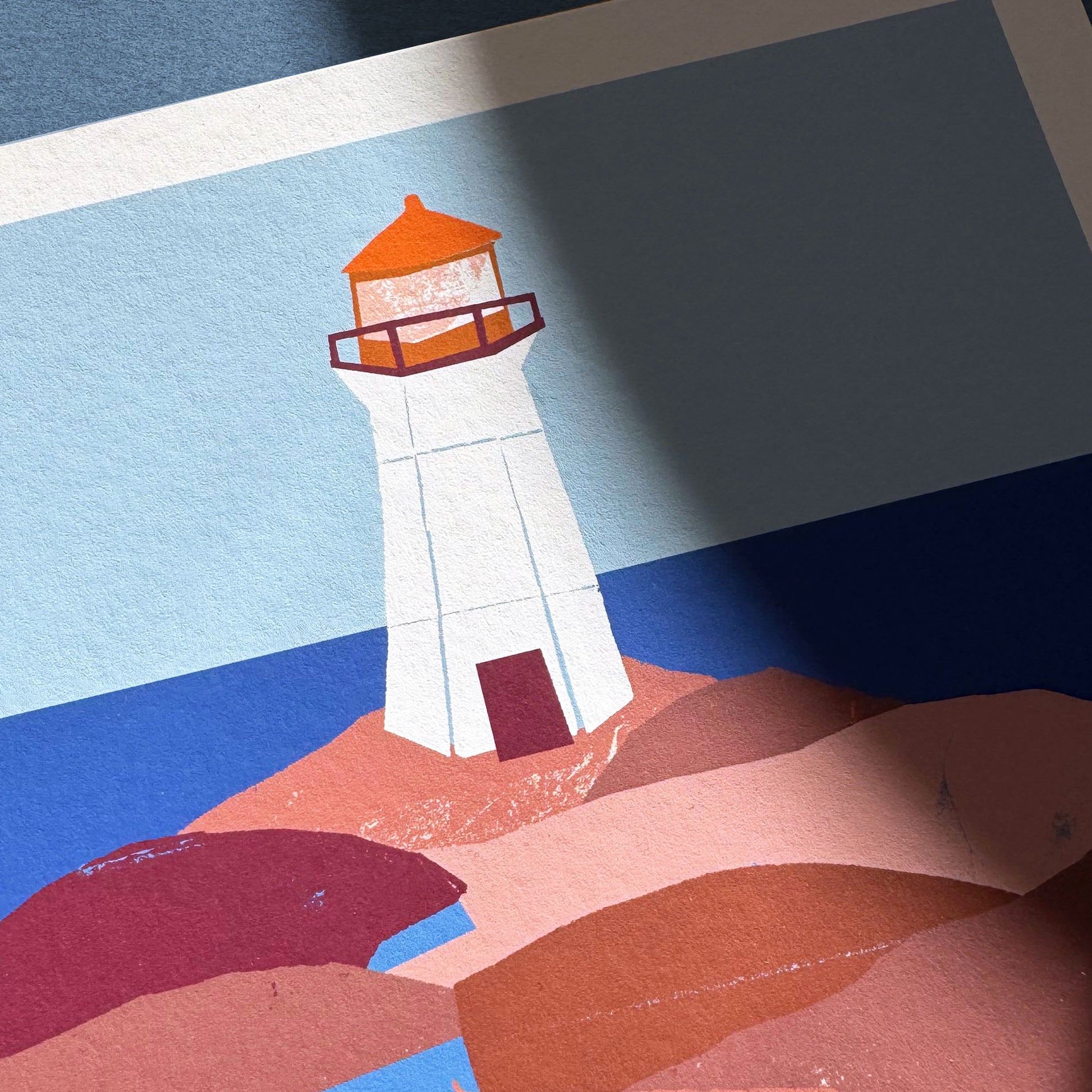 Kautzi Peggy’s Cove Lighthouse 8×10 art print, detail of white and orange lighthouse on rocky shore – Nova Scotia, Atlantic Canada.