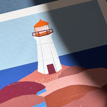 Kautzi Peggy’s Cove Lighthouse 8×10 art print, detail of white and orange lighthouse on rocky shore – Nova Scotia, Atlantic Canada.