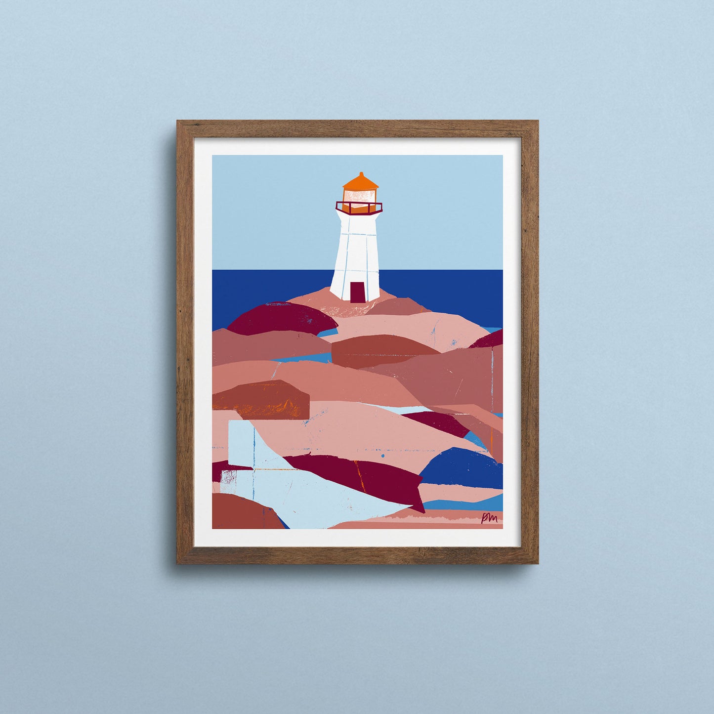 Kautzi Peggy’s Cove Lighthouse 8×10 art print, white and orange lighthouse on rocky shore – Nova Scotia, Atlantic Canada.