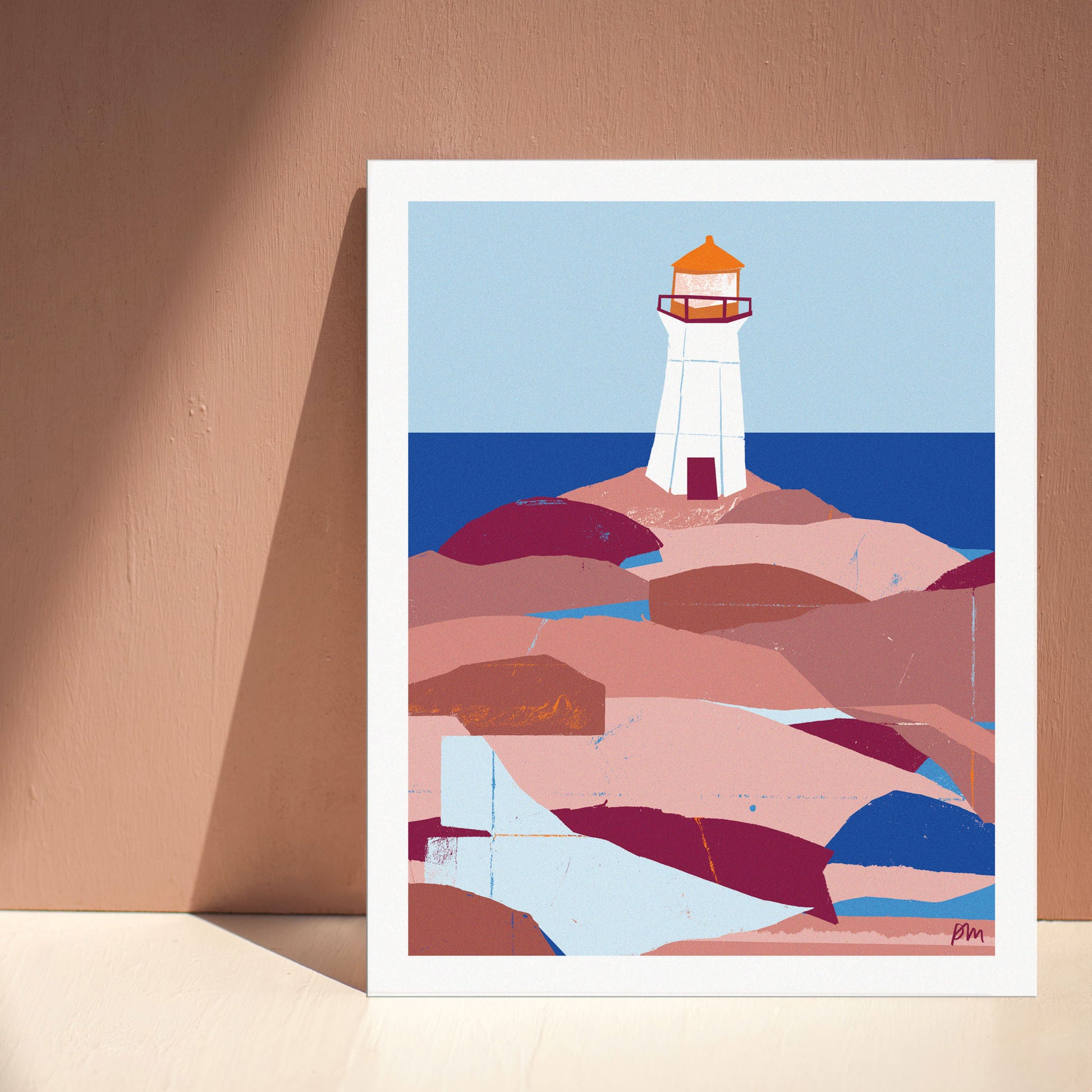 Kautzi Peggy’s Cove Lighthouse 8×10 art print, white and orange lighthouse on rocky shore – Nova Scotia, Atlantic Canada.