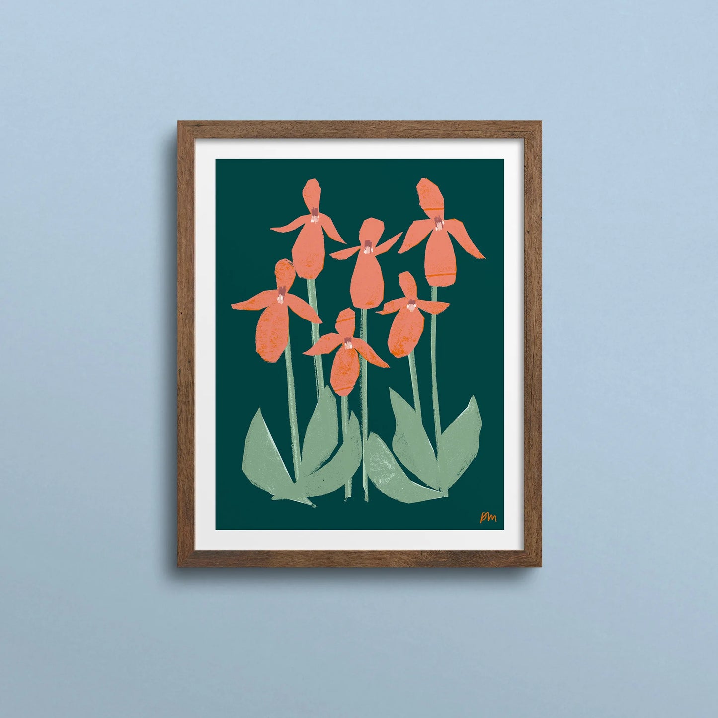 Kautzi Illustrations 8×10 Pink Lady’s Slippers art print displayed in a wooden frame against a light blue wall, showing stylized coral-pink wildflowers inspired by plants found in the Maritimes, Canada.