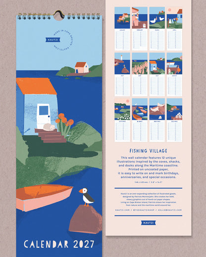 Two views of the 2027 "Fishing Village" wall calendar by Kautzi. On the left, the front cover features a hand-cut paper illustration of a coastal cottage, rowboat, and puffin on a sky blue background. On the right, the back side displays small previews of all 12 monthly pages, each with a unique fishing village illustration and lined space for writing.