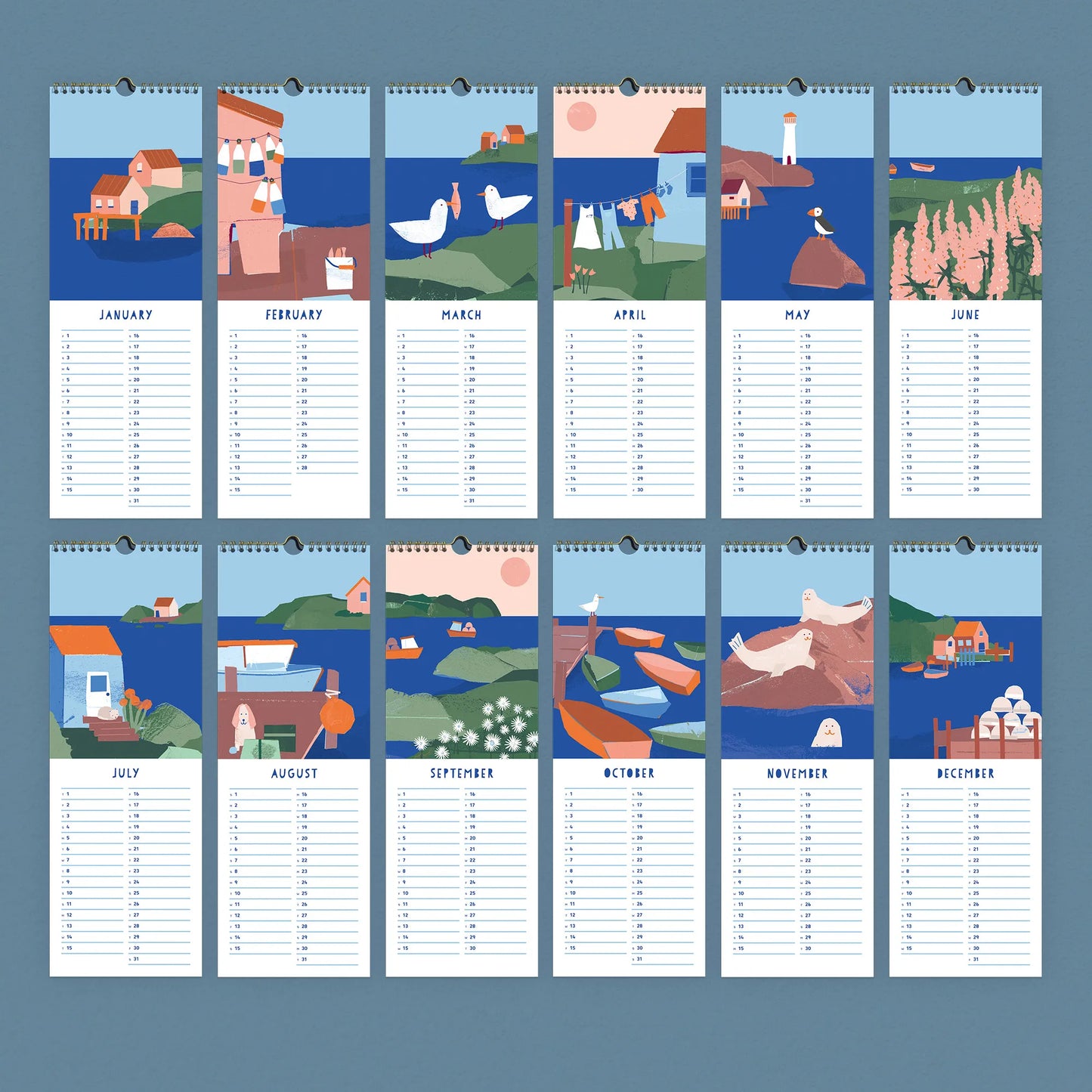 Twelve-month overview of the 2027 Kautzi wall calendar featuring fishing village illustrations inspired by the coves, shacks, and docks of the Maritime coastline.