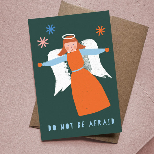 Flat Card – Angel featuring a vibrant orange and blue illustrated angel with "Do Not Be Afraid" text on dark green background.