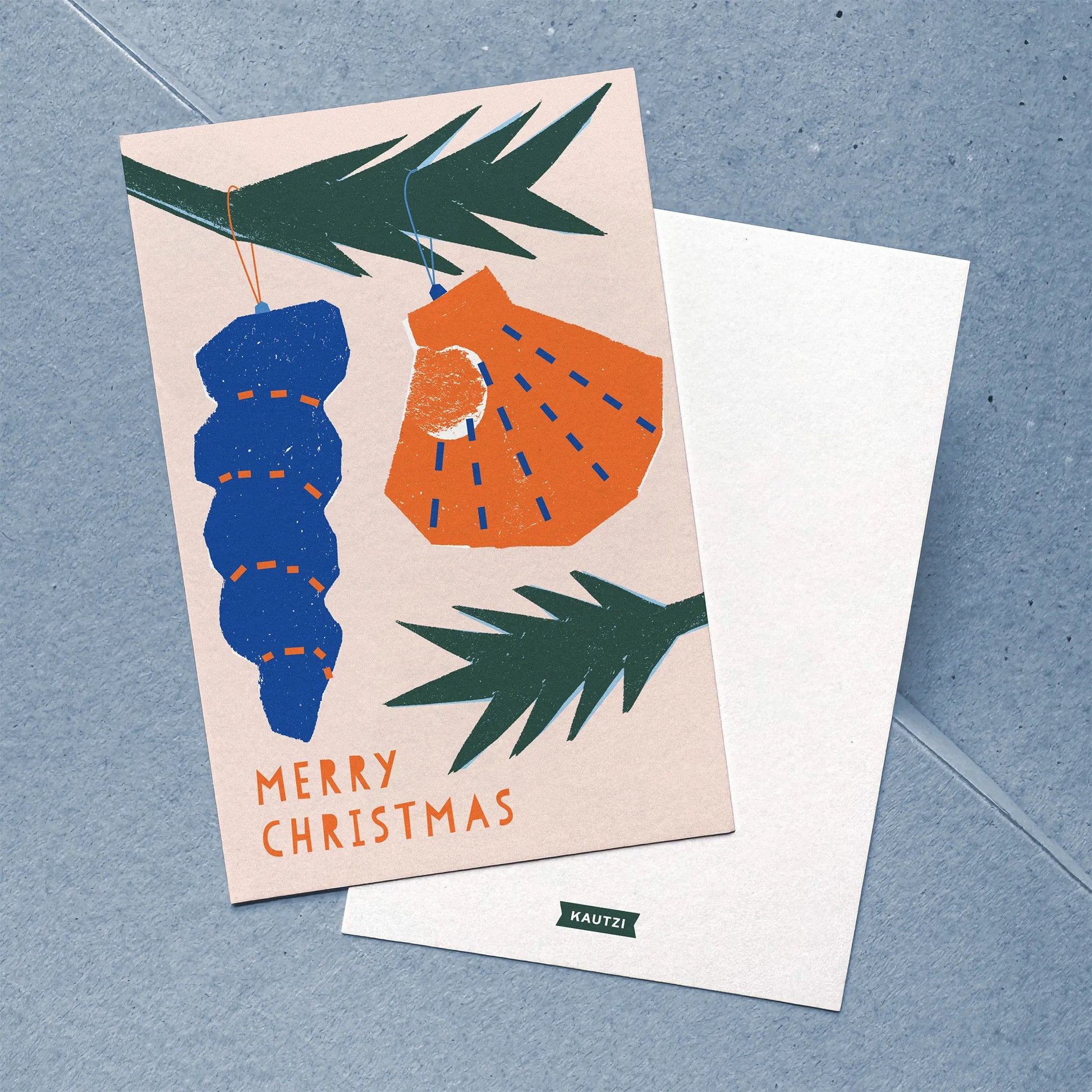 Front and back of “Festive Ornaments” flat Christmas card with sea-inspired illustrations and a Merry Christmas greeting.