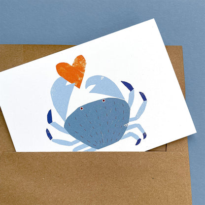 Kautzi crab greeting card, blue crab holding orange heart – Cape Breton, Nova Scotia love card.