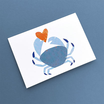 Kautzi crab greeting card, blue crab holding orange heart – Cape Breton, Nova Scotia love card.
