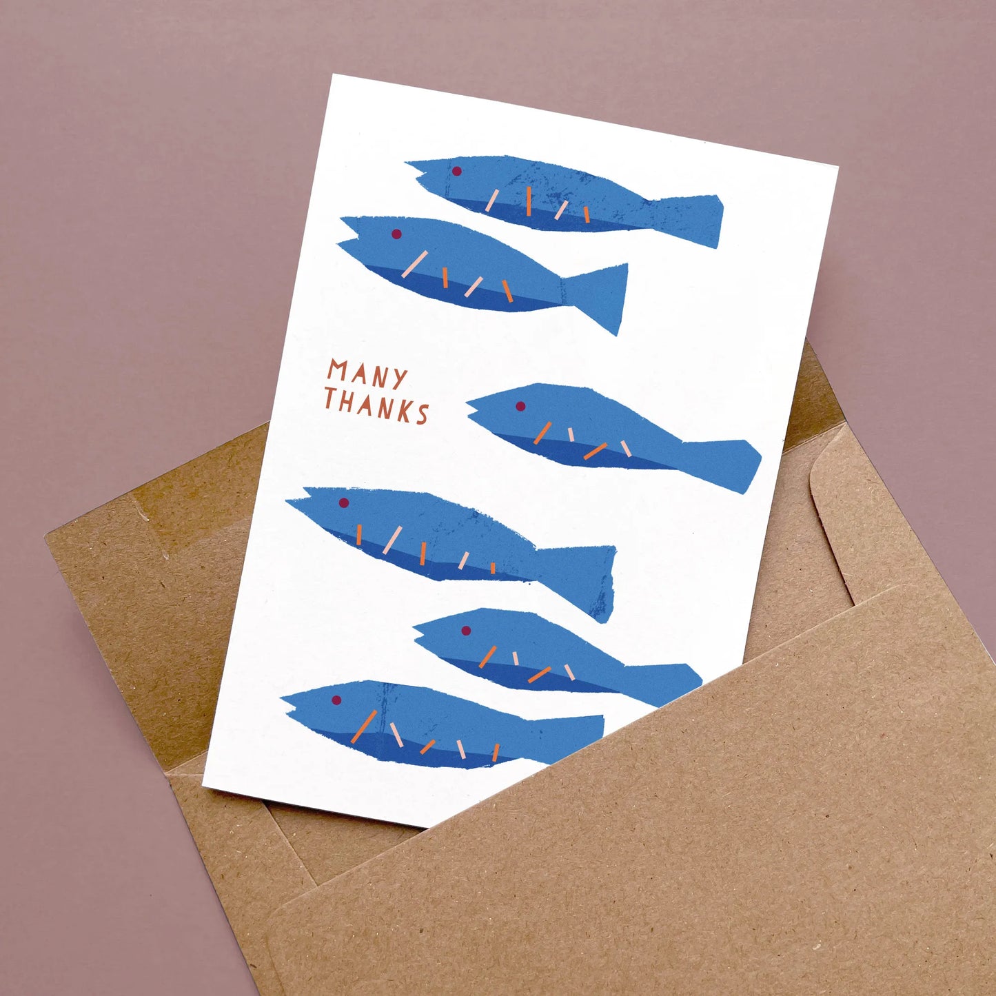 Kautzi illustrated thank you card with blue fish design and brown Kraft envelope, designed in Cape Breton, Nova Scotia, Canada