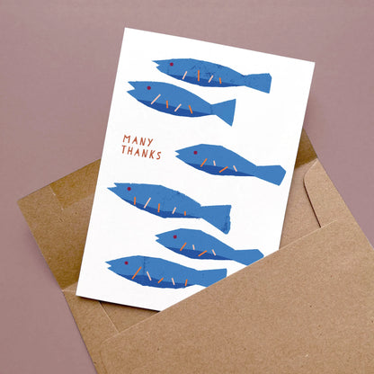 Kautzi illustrated thank you card with blue fish design and brown Kraft envelope, designed in Cape Breton, Nova Scotia, Canada