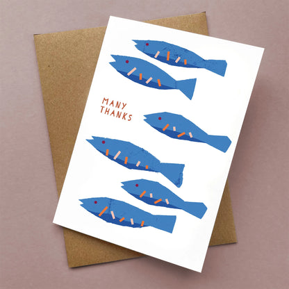 Kautzi blue fish thank you greeting card shown flat with Kraft envelope, graphic coastal illustration, Cape Breton, Nova Scotia, Canada