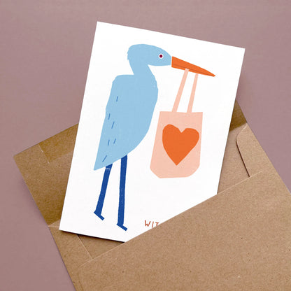 Kautzi heron with love greeting card with heart motif and brown Kraft envelope, designed in Cape Breton, Nova Scotia, Canada