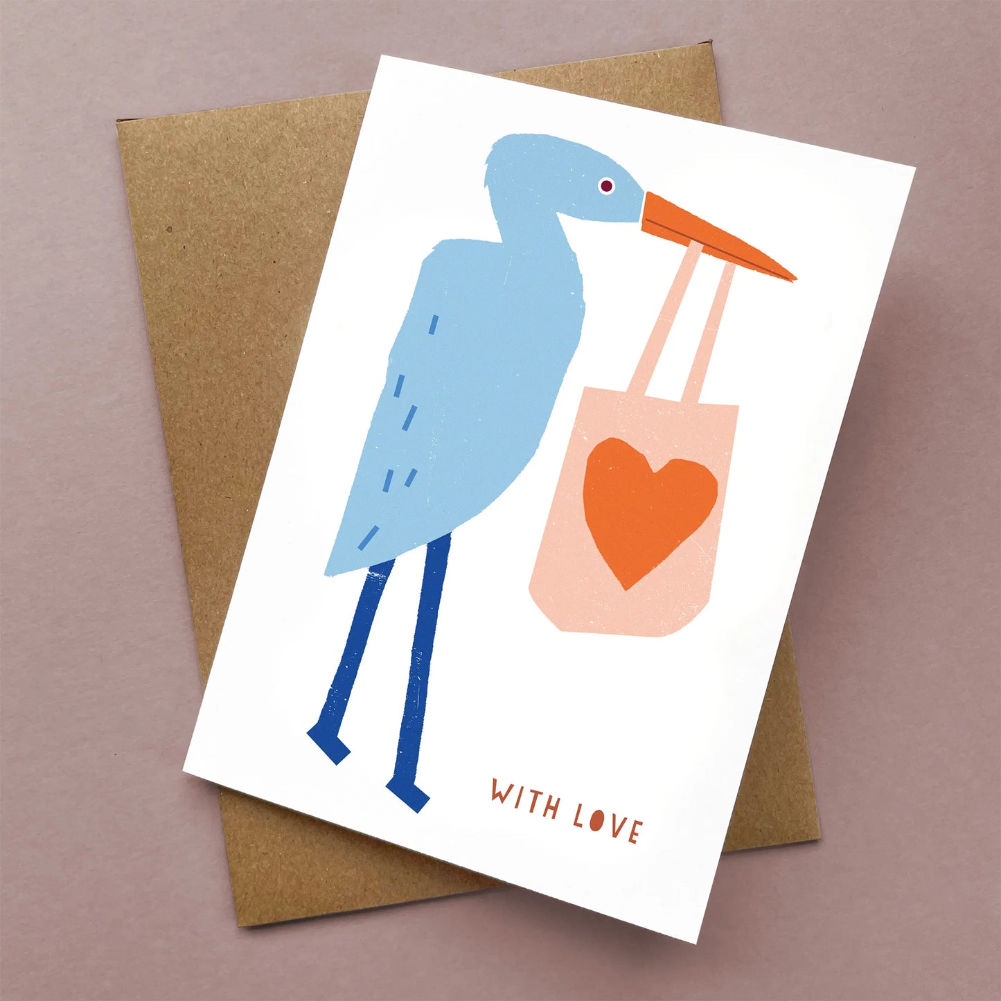 Kautzi illustrated heron with love card shown flat with Kraft envelope, graphic bird illustration, Cape Breton, Nova Scotia, Canada