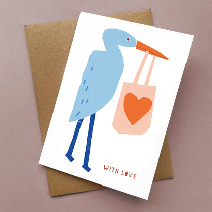 Kautzi illustrated heron with love card shown flat with Kraft envelope, graphic bird illustration, Cape Breton, Nova Scotia, Canada