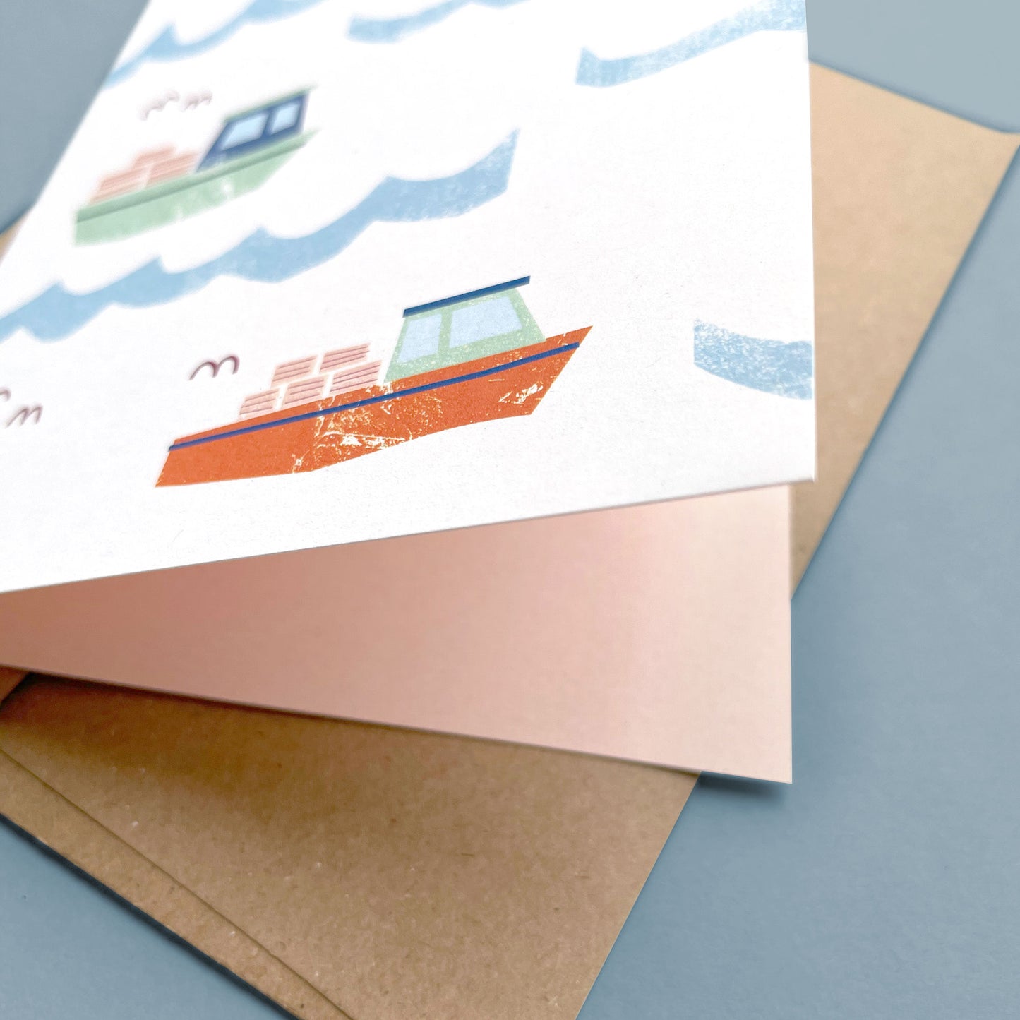 Kautzi lobster boats card with kraft envelope – Nova Scotia coastal design.