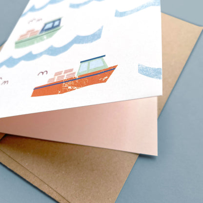 Kautzi lobster boats card with kraft envelope – Nova Scotia coastal design.