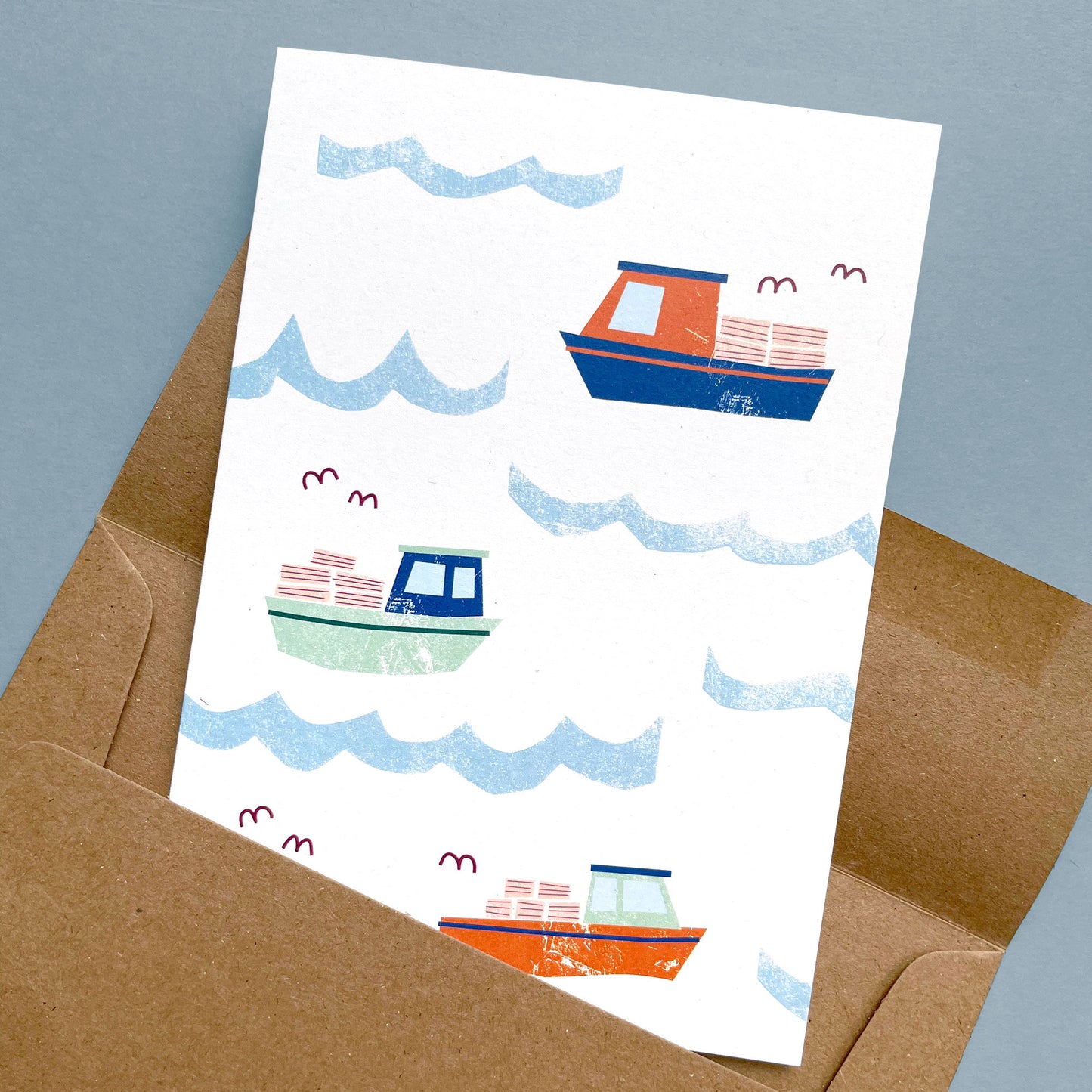 Kautzi lobster boats card with kraft envelope – Nova Scotia coastal design.