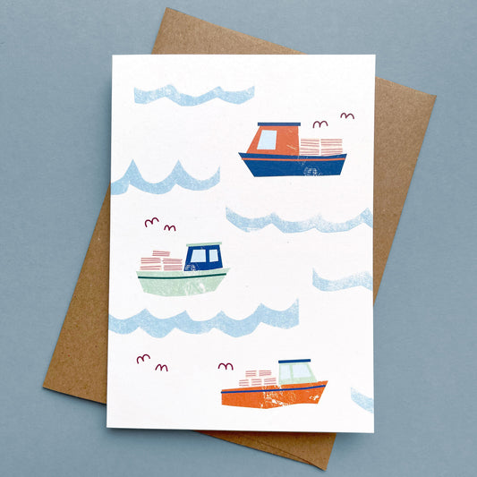 Kautzi lobster boats greeting card, colourful fishing vessels on blue water – Cape Breton Maritime illustration.