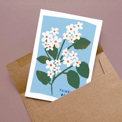 Kautzi floral thinking of you card with mayflower illustration and brown Kraft envelope, designed in Cape Breton, Nova Scotia, Canada