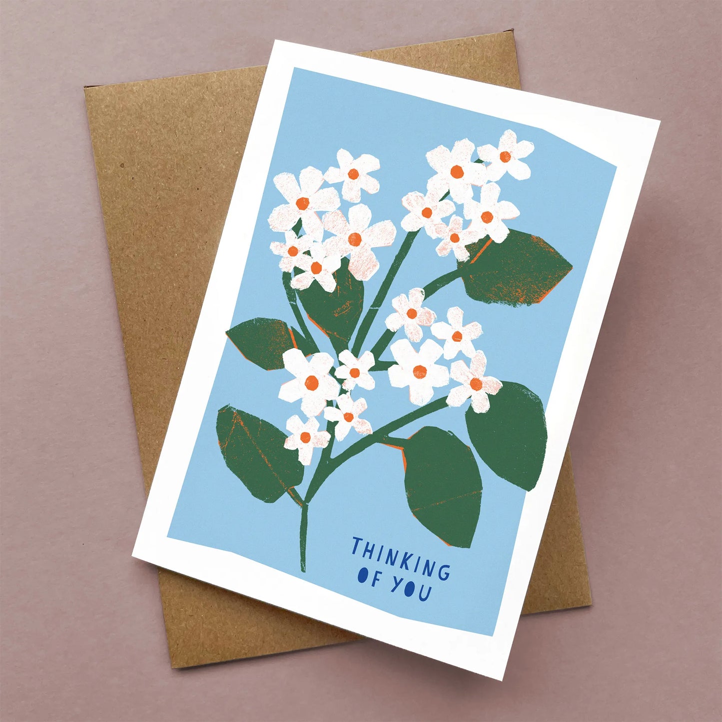 Kautzi mayflower thinking of you greeting card shown flat with Kraft envelope, botanical illustration, Cape Breton, Nova Scotia, Canada
