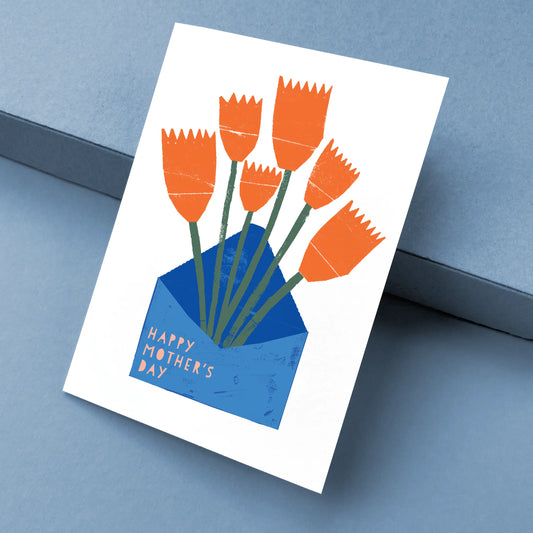 Kautzi Happy Mother’s Day greeting card, orange tulips from blue envelope – Cape Breton, Nova Scotia.