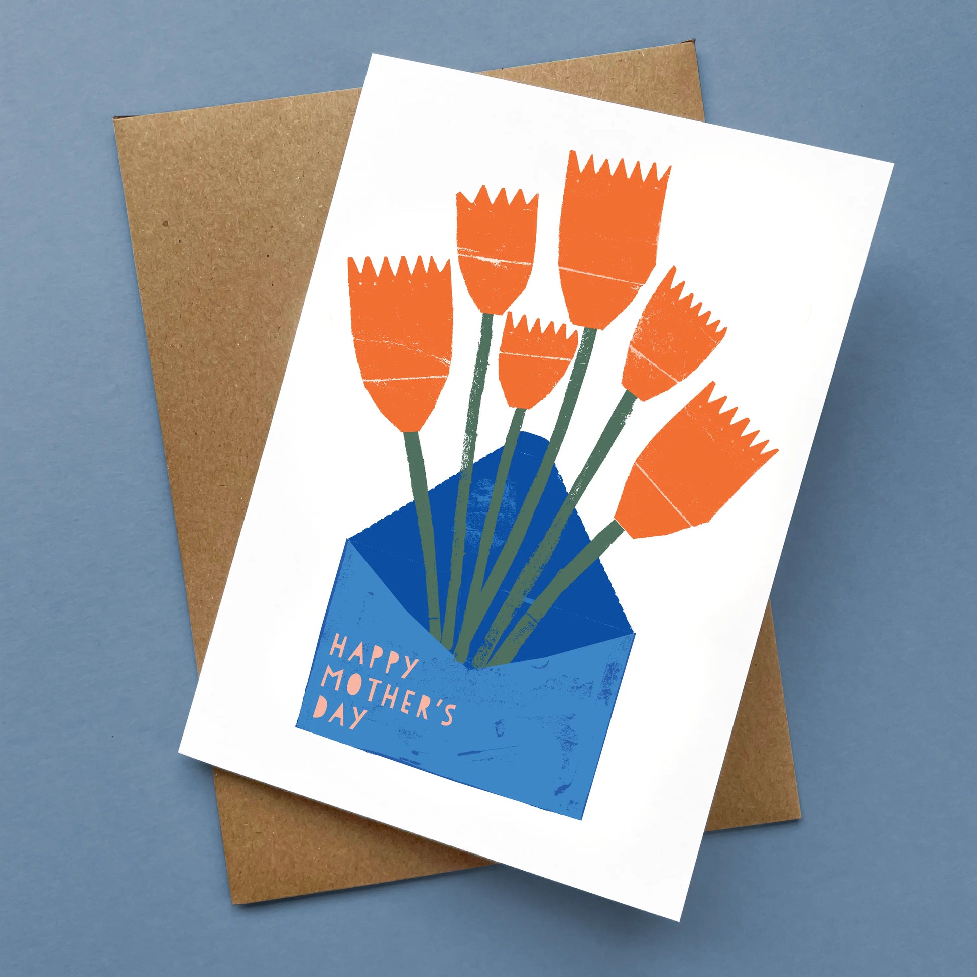 Kautzi Happy Mother’s Day greeting card, orange tulips from blue envelope – Cape Breton, Nova Scotia.
