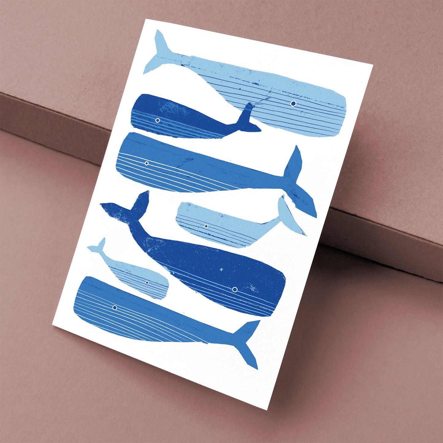 Kautzi whale greeting card, blue whales on white recycled paper – Nova Scotia Maritime papercut illustration.