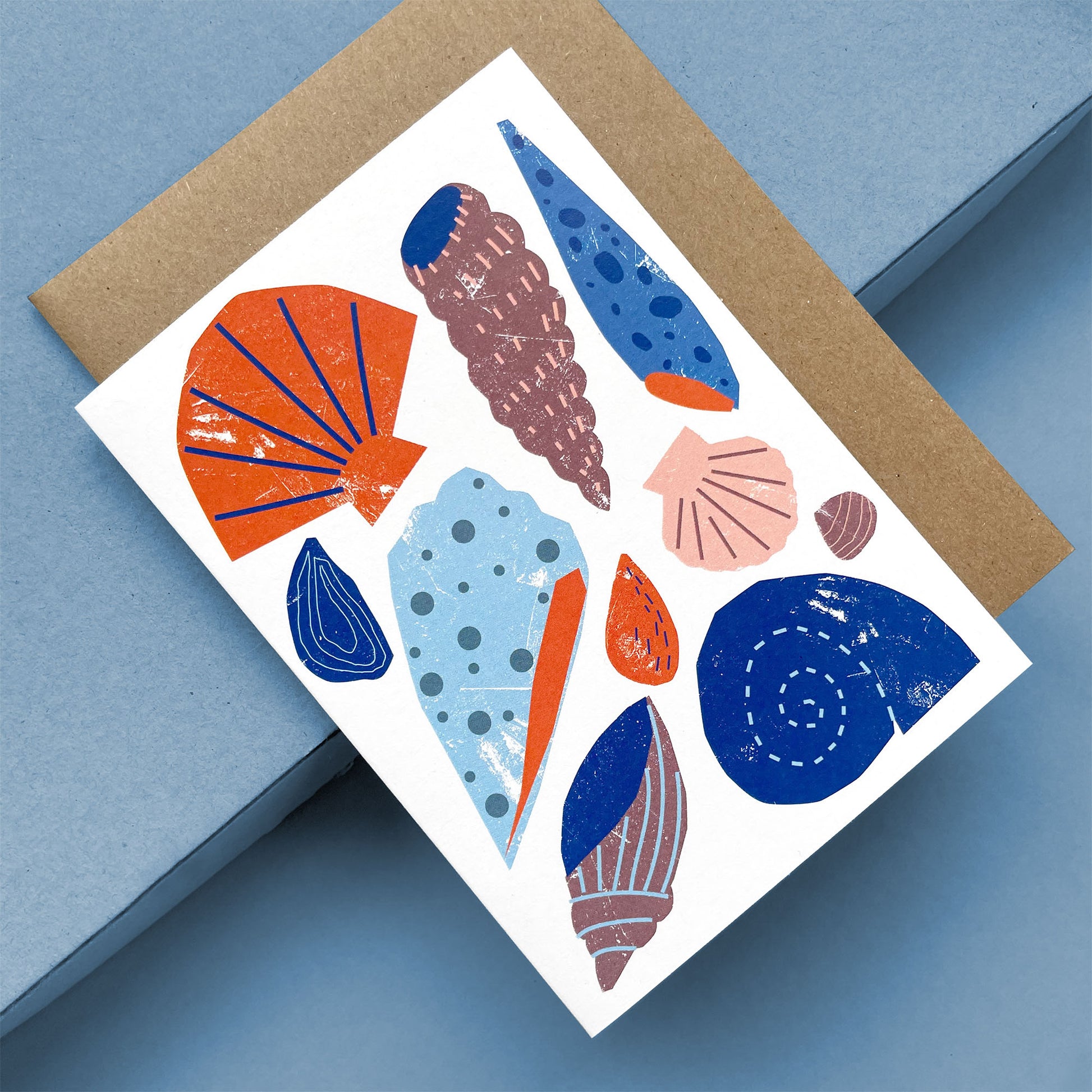 Kautzi shells greeting card, blue and orange seashell illustration – Cape Breton, Nova Scotia Maritime card.