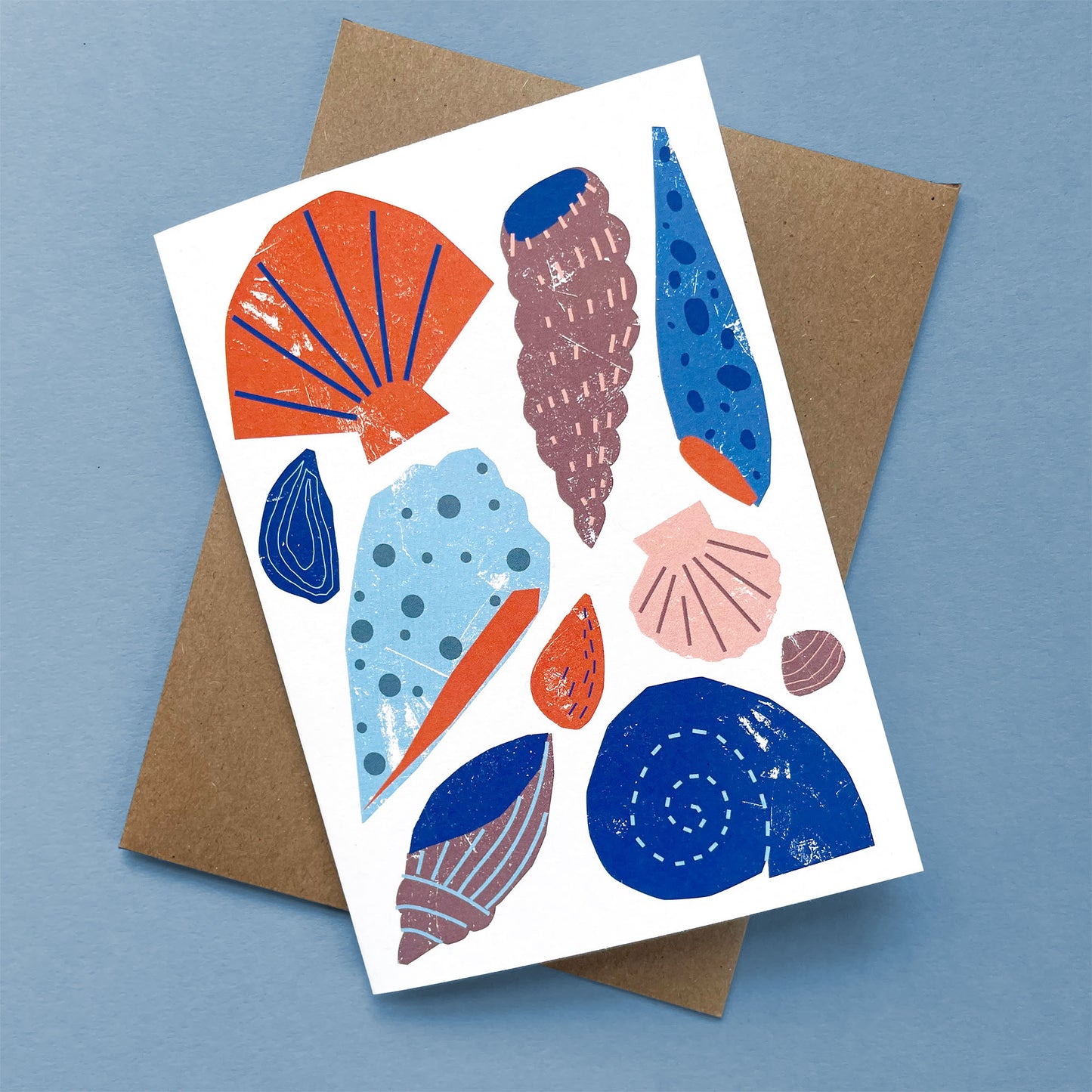Kautzi shells greeting card, blue and orange seashell illustration – Cape Breton, Nova Scotia Maritime card.