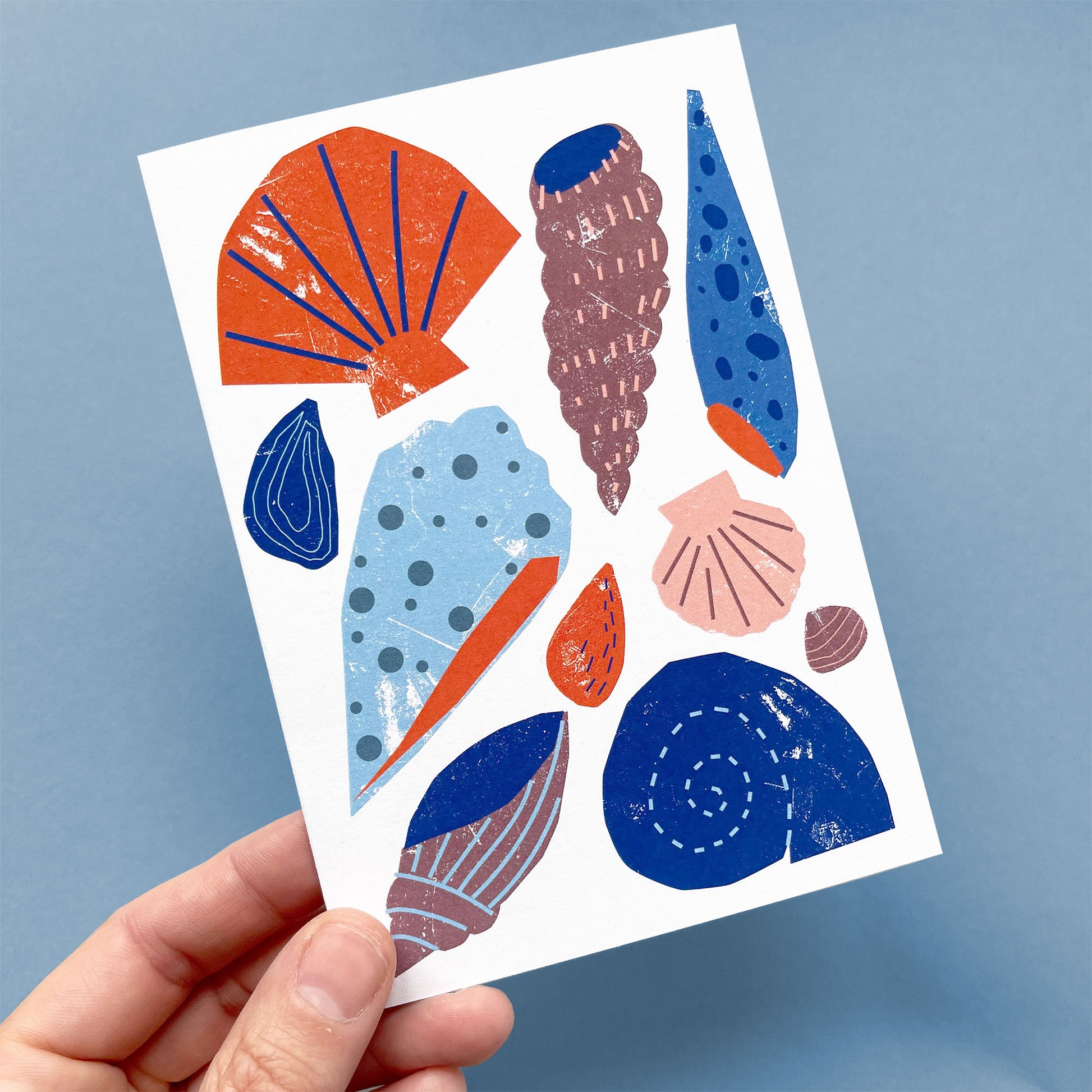 Kautzi shells greeting card, blue and orange seashell illustration – Cape Breton, Nova Scotia Maritime card.