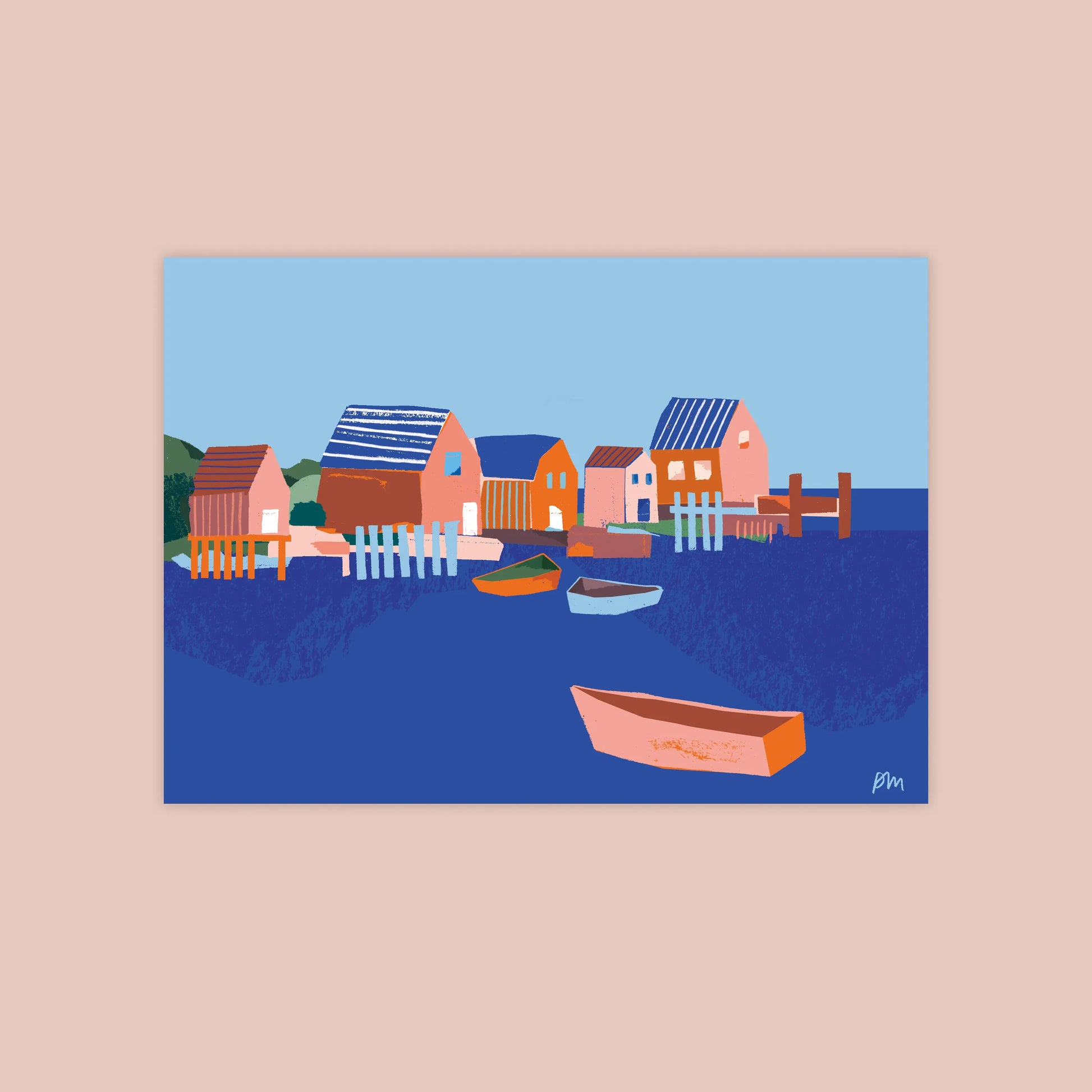 Illustrated 5x7 art print of colourful fish shacks and rowboats in a quiet Nova Scotia harbour, shown against a soft pink background.