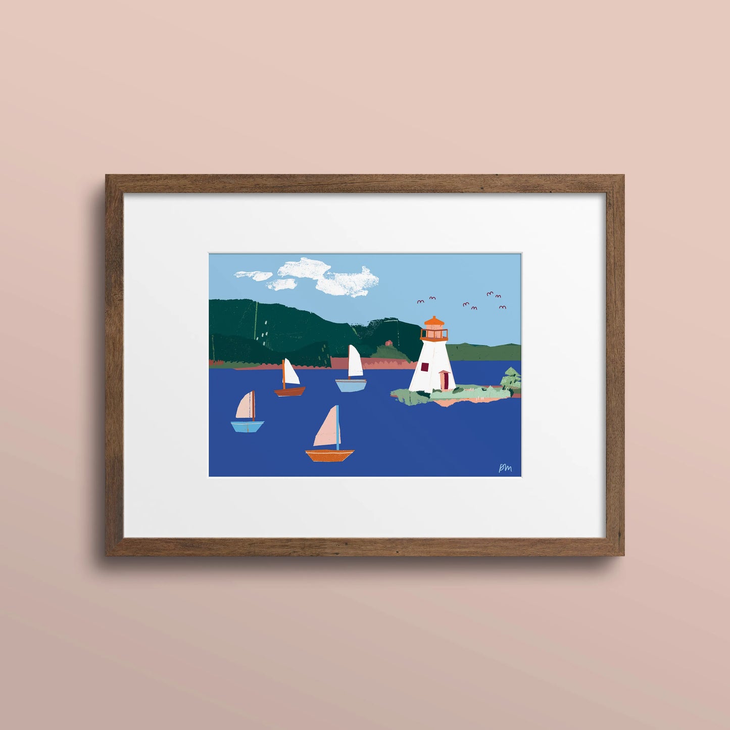 Kautzi Kidston Island Lighthouse 5×7 art print, white lighthouse and sailboats on blue water – Baddeck, Cape Breton, Nova Scotia.
