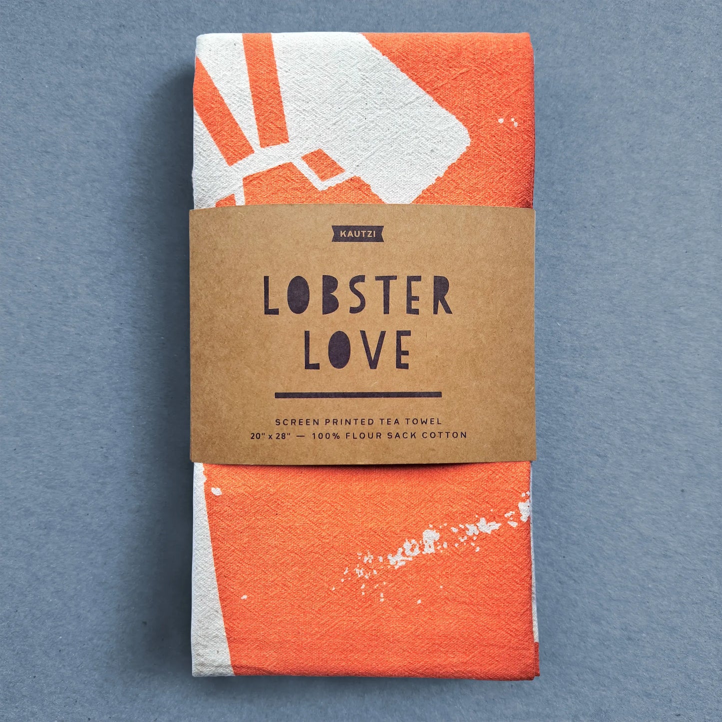 Kautzi Lobster Love tea towel, bright orange lobster illustration screen-printed on flour sack cotton – Cape Breton, Nova Scotia