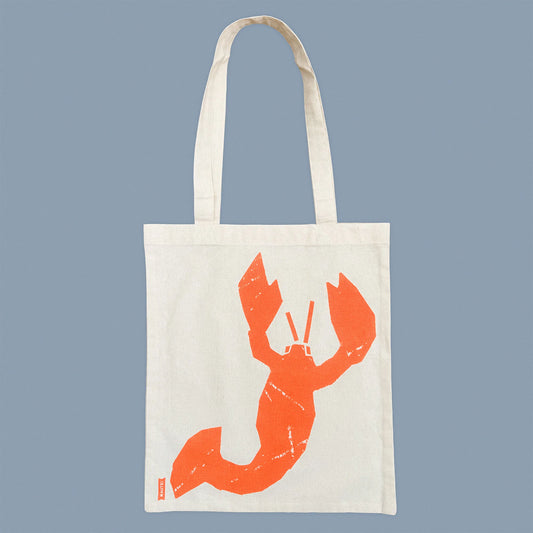 Kautzi lobster tote bag screen-printed in bright orange on natural cotton, flat view, Cape Breton, Nova Scotia, Canada.