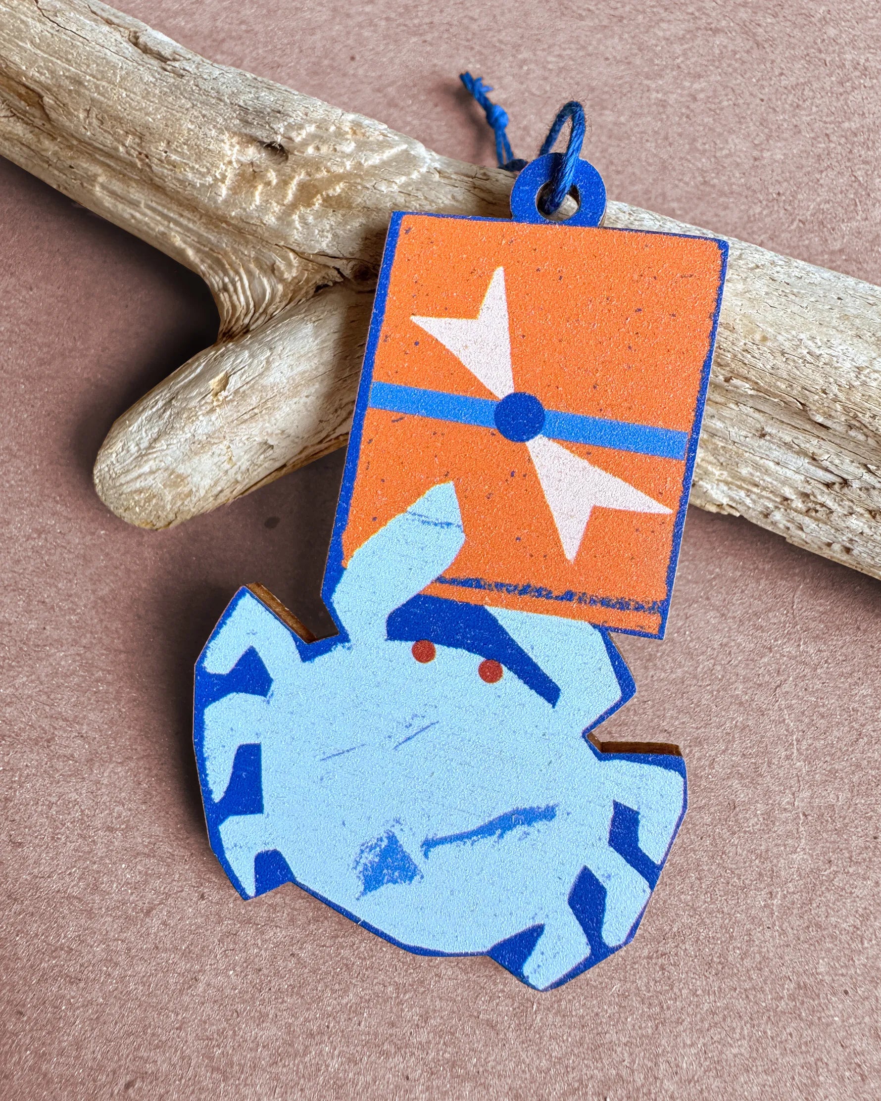 Kautzi blue crab wooden ornament with orange gift box, designed in Cape Breton, Nova Scotia.