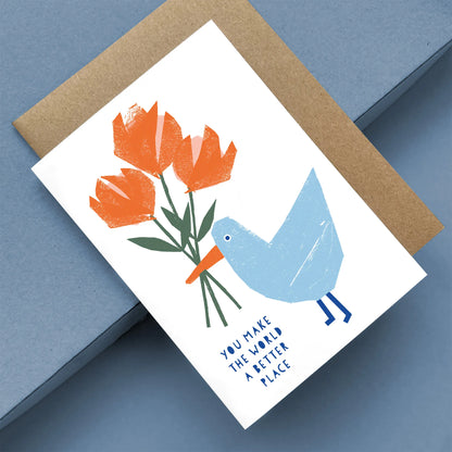 Kautzi seagull greeting card, blue seagull with orange flowers – Cape Breton, Nova Scotia illustrated card