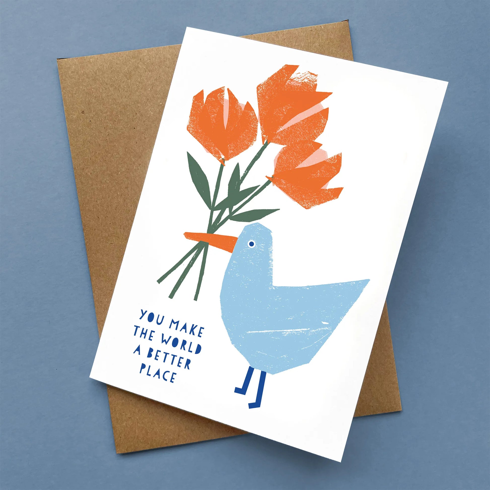 Kautzi seagull greeting card, blue seagull with orange flowers – Cape Breton, Nova Scotia illustrated card