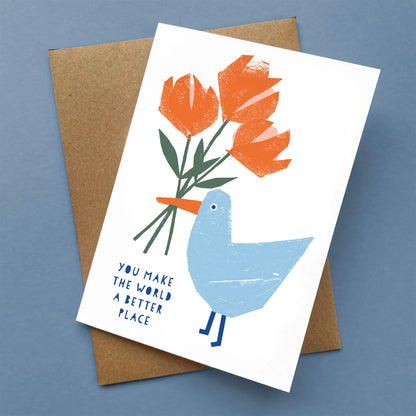 Kautzi seagull greeting card, blue seagull with orange flowers – Cape Breton, Nova Scotia illustrated card