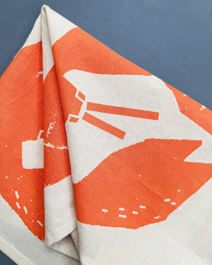 Kautzi Lobster Love tea towel, bright orange lobster illustration screen-printed on flour sack cotton – Cape Breton, Nova Scotia